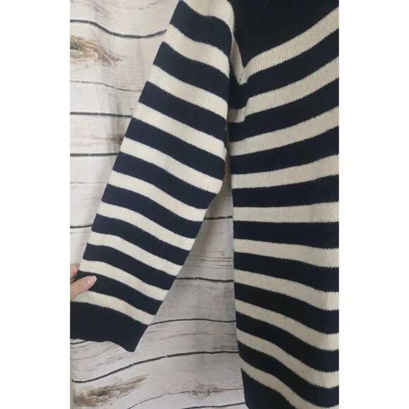 LL Bean Signature Navy Blue Striped Sweater XL Wool Blend Womens Button Neck - Picture 4 of 7